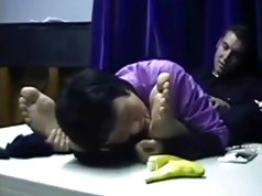Chinese milf worships male feet